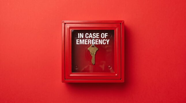 Red emergency box with key for safety and security. Essential safety equipment for workplaces and public spaces.