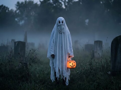 Lone ghost figure in misty graveyard holding glowing pumpkin bucket during halloween night.