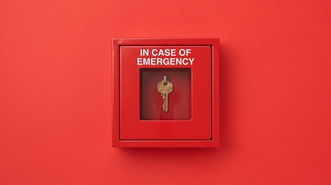Red emergency box with key for safety and security. Fire safety equipment for buildings.
