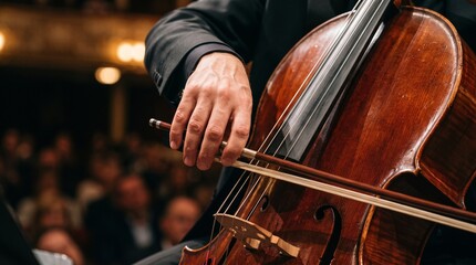 Fototapeta premium Close-up of a musician playing cello during a live orchestra concert