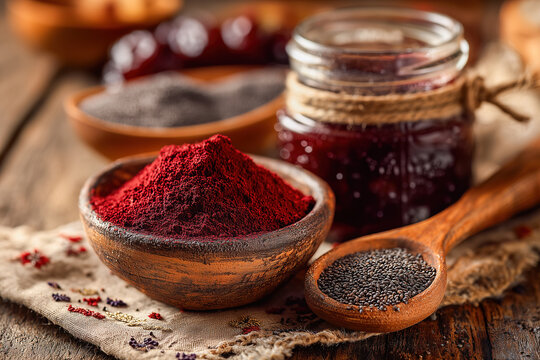 Deep red fruit powder in a rustic bowl with black chia seeds on a wooden table near a glass jar of homemade jam