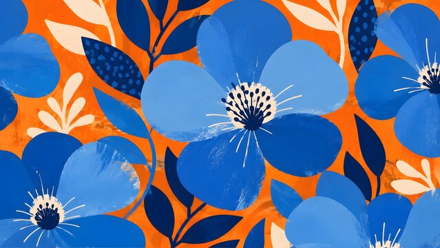 Vibrant floral pattern with blue flowers and dark blue leaves on a textured orange background