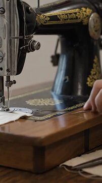 Vintage black sewing machine working on fabric