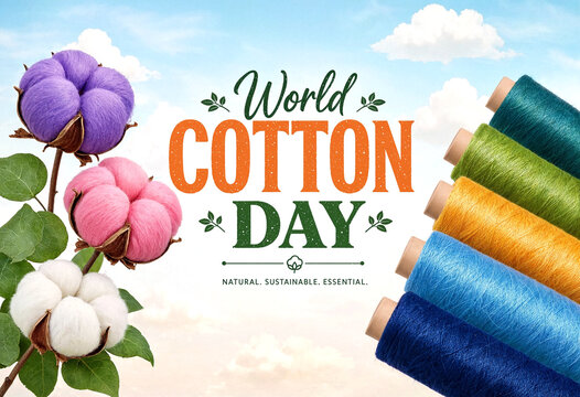 Colorful cotton bolls and threads celebrating world cotton day with natural sustainability theme