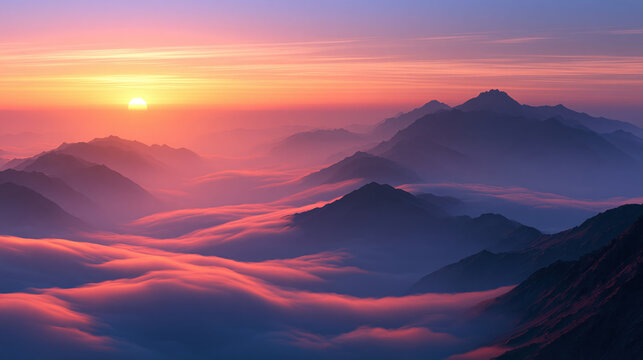 Sunrise mountain cloud landscape mist valley horizon sky pink purple sunrise over mountain sea of cloud and misty valley with soft light