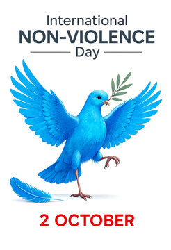 Illustration of a blue bird with olive branch for international non violence day celebration event