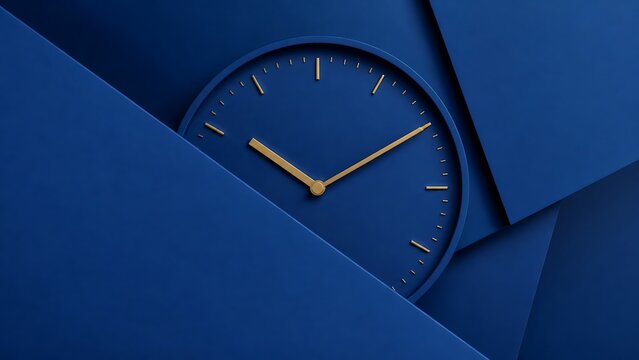 Minimalist 3D render of a circular blue clock with gold hands on geometric blue background