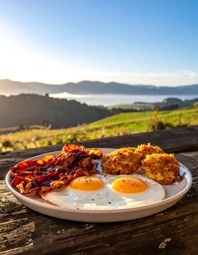 A serene breakfast plate overlooking a scenic landscape with eggs and bacon
