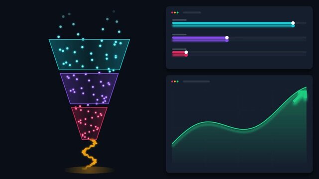 Digital marketing sales funnel visualization with data analytics charts and growth trend graphs.