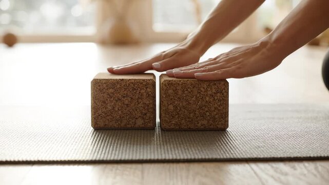 Woman placing two cork yoga blocks on mat in bright, calm home yoga space
