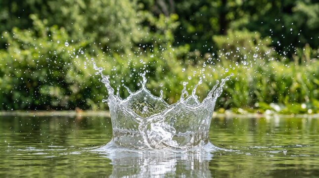 High speed photography of water splash forming crown shape on lake surface, nature with green trees, liquid dynamics droplets frozen motion, refreshing summer cooling effect
