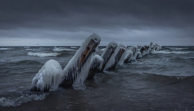 Frozen wooden breakwater in stormy sea, icy groyne posts covered in thick ice, dramatic winter coastal landscape under dark moody clouds