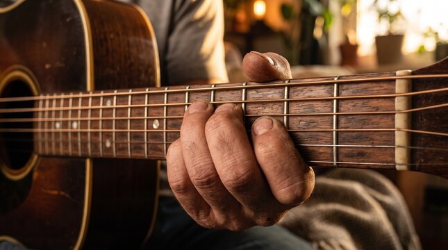 Musician playing acoustic guitar chords with fingers on fretboard