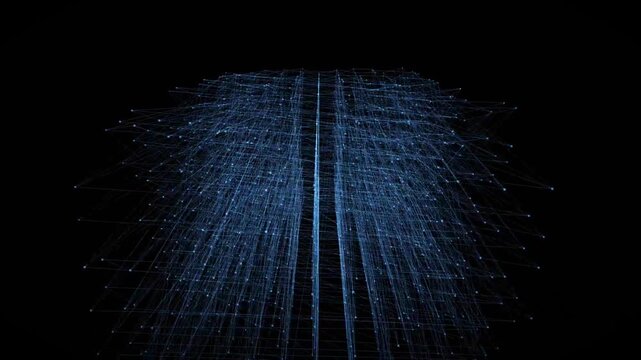 A network of blue lines and points forms an abstract structure against a black background. The design appears to extend into space, creating depth and dimension