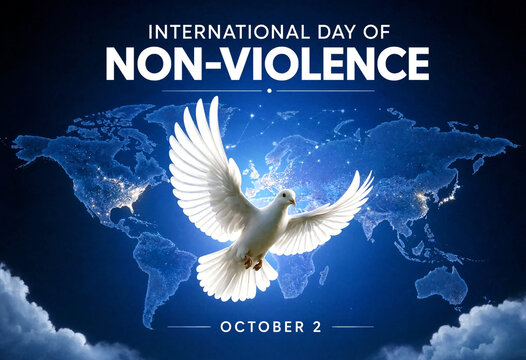 Beautiful white dove flying over glowing world map for international day of nonviolence celebration