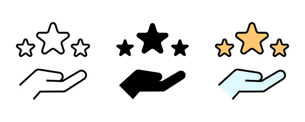 Fototapeta premium Three stars over hand icon, representing customer review, rating, or quality assessment in various styles.