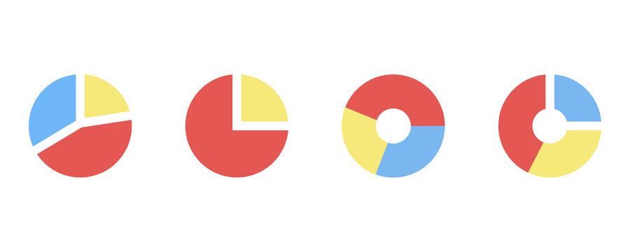 Pie chart and donut chart icon set with colorful segments showing percentage distribution in red yellow and blue modern tones.
