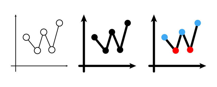Line graph collection showing fluctuating data points with peaks and valleys in line art silhouette and multi color variations.