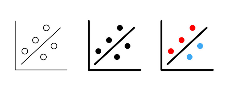 Scatter plot icon set featuring linear regression trend lines with circular data points in outline solid and colorful styles.