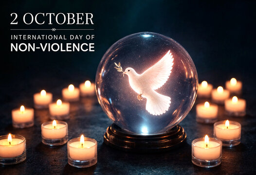 Peaceful international day of nonviolence scene with dove in globe and candles symbolizing hope