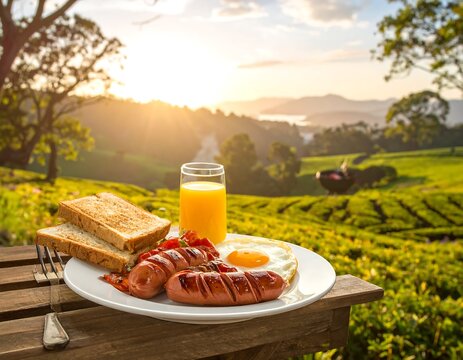 A serene breakfast setting on a wooden table overlooking a lush green landscape at sunrise