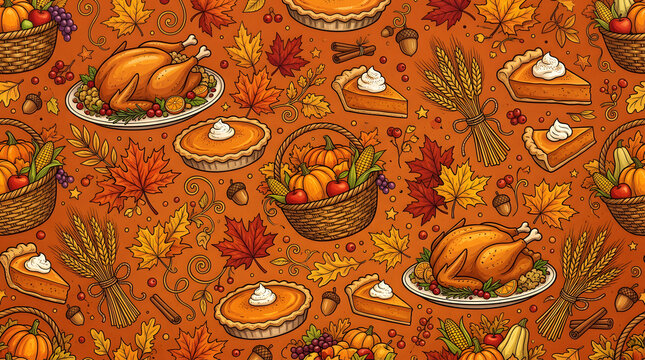 Seamless pattern with hand drawn thanksgiving food elements like roasted turkey pumpkin pie autumn leaves and harvest baskets on orange background