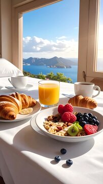 A serene breakfast setting with a bowl of cereal and fruits, croissants, and beverages on a table overlooking a scenic ocean view through a window