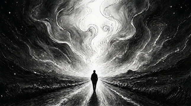 A solitary figure walks down a dark road toward a swirling, radiant light in a monochrome illustration.