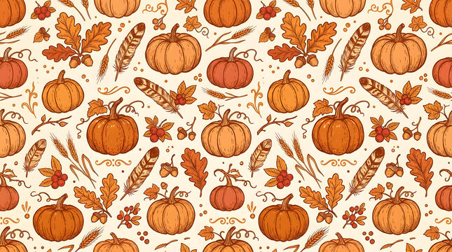 Seamless pattern with hand drawn pumpkins oak leaves feathers and wheat stalks on a light background for autumn harvest thanksgiving holiday design