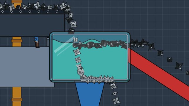 2D animation of an industrial coal washing process showing gravity separation where raw coal drops into a water tank to separate lighter clean coal from heavier waste rock
