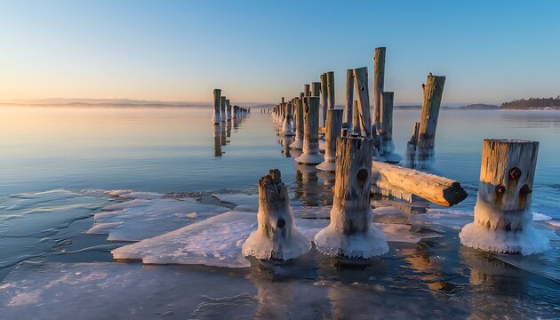 Frozen wooden pier posts in icy lake at sunrise, winter landscape with ice floes on calm water, serene morning light over arctic coastal scenery