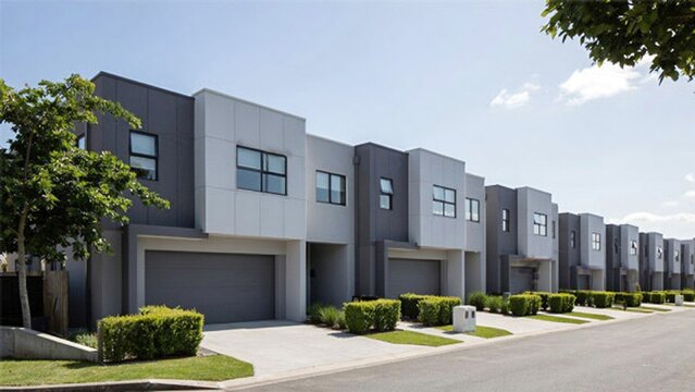 Modern townhouse poster set, contemporary architecture duplex homes urban planning residential design vector artwork