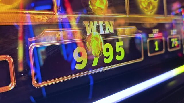 Bright casino slot machine screen showing a winning credit total, gold coins, colorful confetti graphics, neon reflections, and glowing arcade lights for gambling entertainment videos.