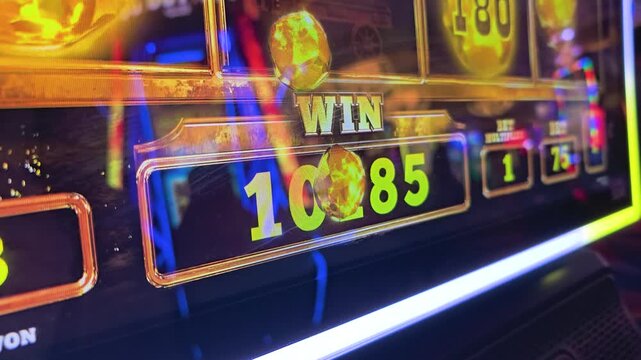 Close-up of a casino slot machine win screen with glowing numbers, gold graphics, colorful reflections, neon lights, and jackpot style arcade display for gambling and nightlife videos.