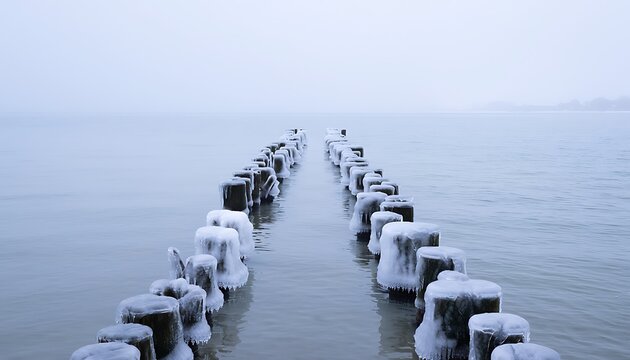 Frozen wooden breakwater in misty winter sea, icy groyne poles covered in white frost, minimalist coastal landscape in cold blue tones