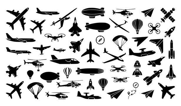 Modern Aviation Silhouette Icon Collection with Aircraft Helicopters Drones and Space Vehicles Vector