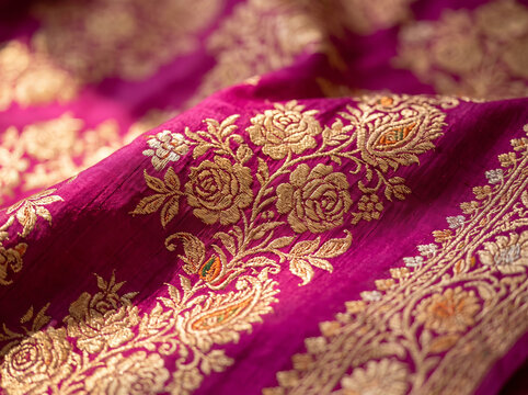 Luxury pink and gold embroidered silk fabric pattern close up texture