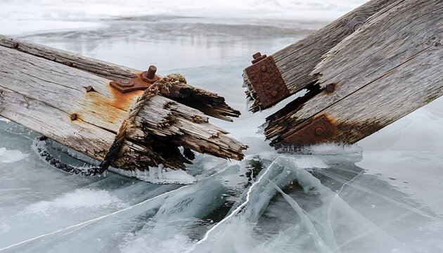 Weathered wooden pier pilings broken in frozen lake ice, rustic decaying timber posts with rusty metal bolts, winter damage on old dock structure