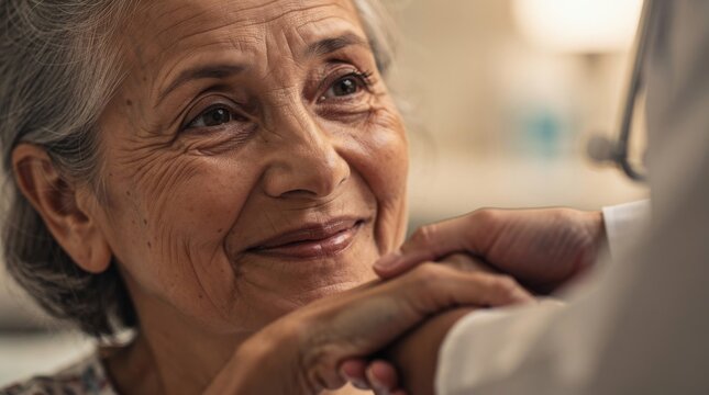 Compassionate interaction between healthcare professional and elderly woman smiling in a warm hospital setting conveying care and support for patients