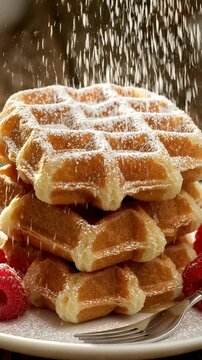 Fresh Golden Waffles Dusted with Powdered Sugar - A stack of warm, golden waffles is being dusted with fine powdered sugar, creating a sweet and inviting breakfast scene.
