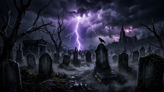 Scary cemetery with lightning strike. Dark graveyard scene with tombstones and a raven.