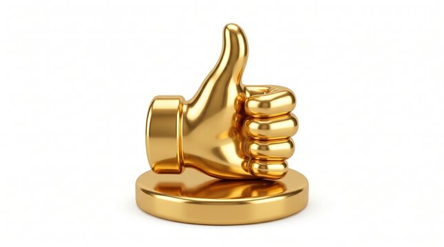 Golden thumbs up trophy on pedestal, metallic gold hand gesture for success and approval, shiny 3D like icon for social media feedback