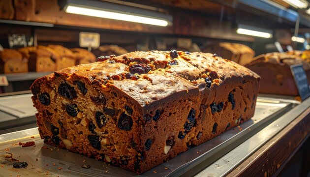 Delicious Fruitcake Loaf With Raisins and Nuts Displayed in Bakery Showcase on Metal Tray