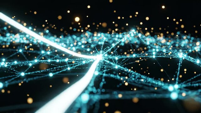 Dynamic Digital Network with Glowing Data Flow and Particle Connections in Futuristic Cyber Space