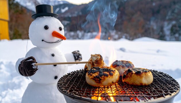 お餅焼いてる雪だるま