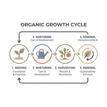 Organic growth cycle infographic showing seeding nurturing harvesting and renewal process.
