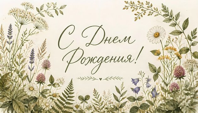 Russian Happy Birthday greeting card with elegant script text surrounded by a beautiful watercolor botanical frame of various wildflowers and green foliage on a light background.