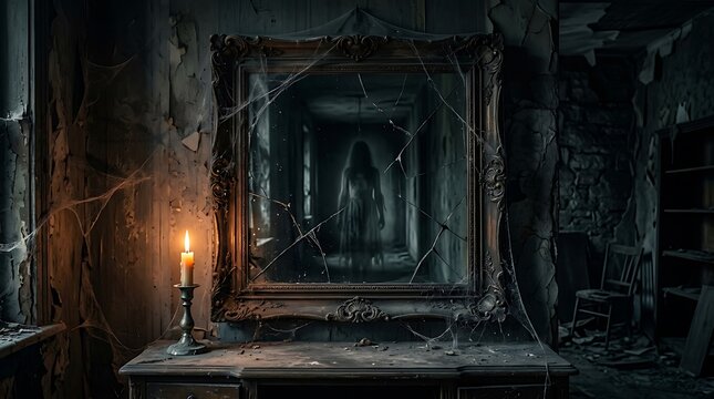 Ghostly figure in a cracked vintage mirror. Spooky reflection in an abandoned dark room.