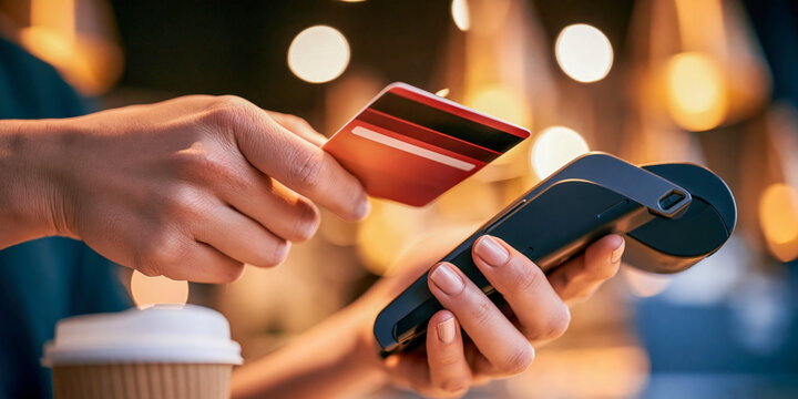 Customer making contactless payment with credit card on portable terminal at coffee shop