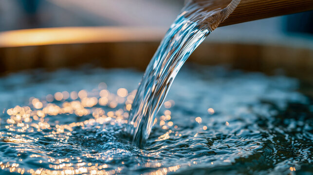 Fresh clean water pouring from wooden bamboo pipe into traditional basin with beautiful bokeh light reflections